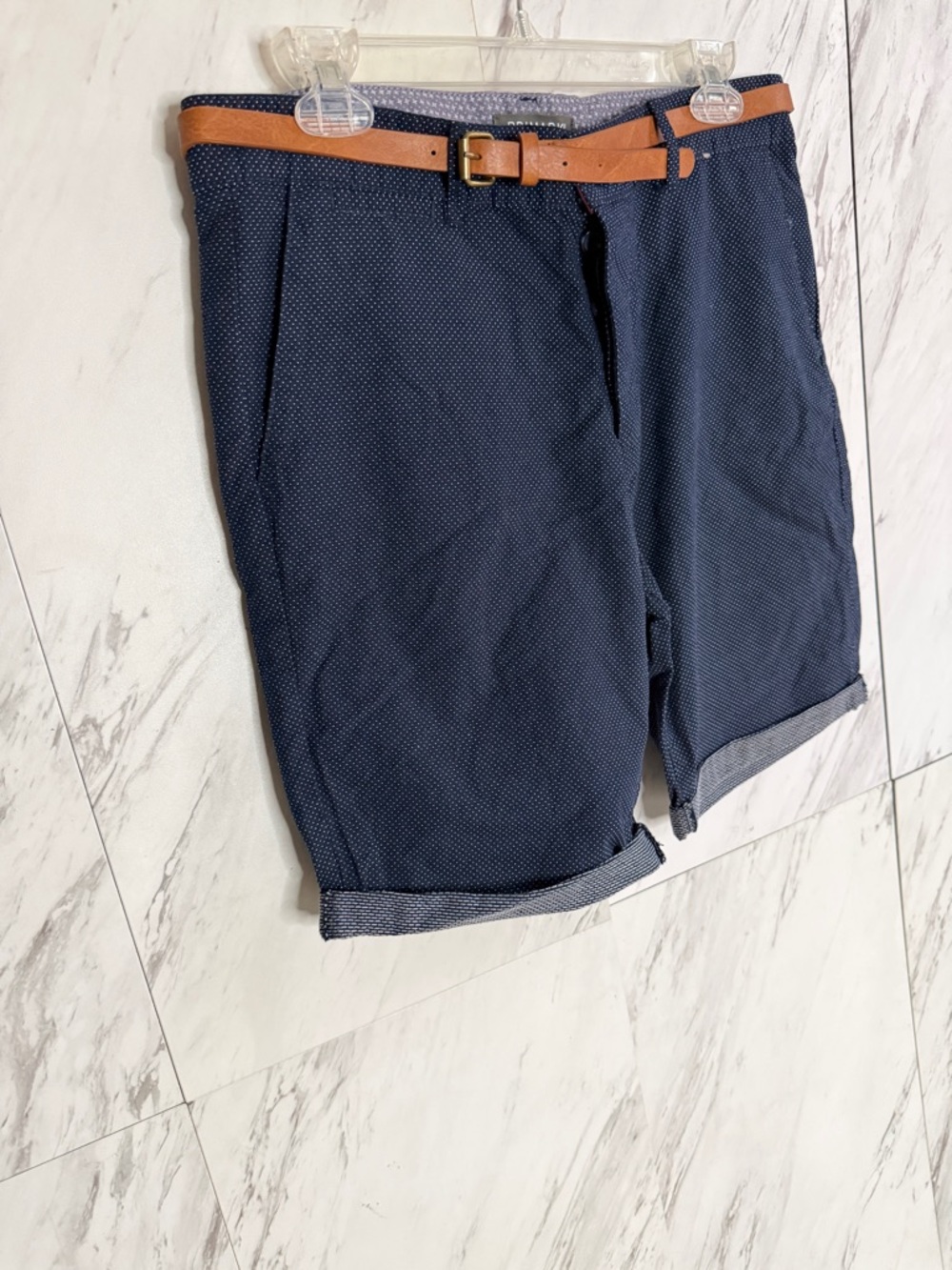 Primark Navy Blue Polka Dot Belted Chino Shorts SZ 32
